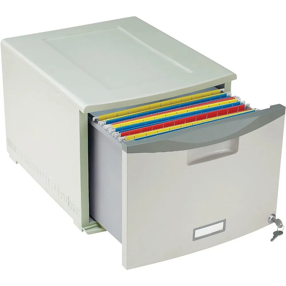 Storex Plastic One-Drawer File Cabinet Locking Document Organizer for Home Office Stackable Letter Legal Size Gray 61251B01C