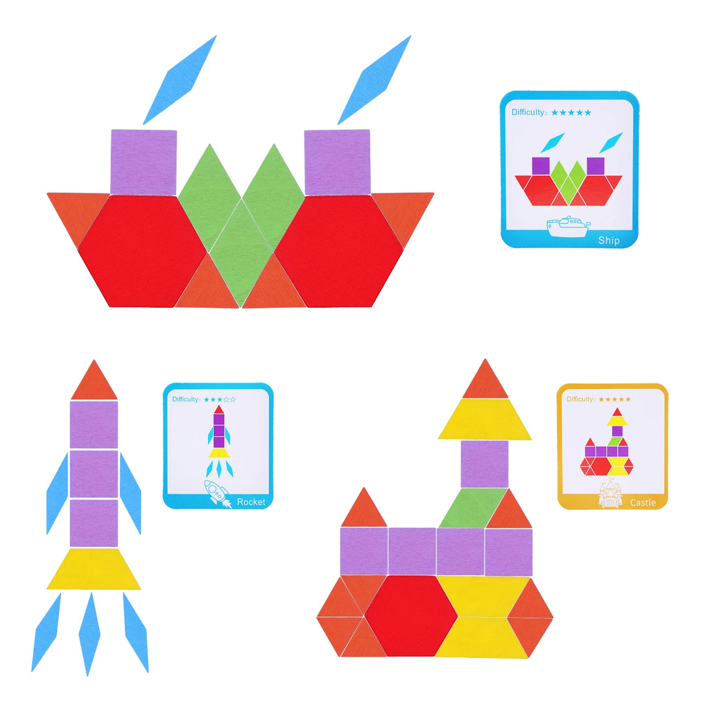 155 PCS Wooden Pattern Blocks Set, Geometric Shape Puzzle, Kindergarten Classic Educational Montessori Tangram Toys for Kids