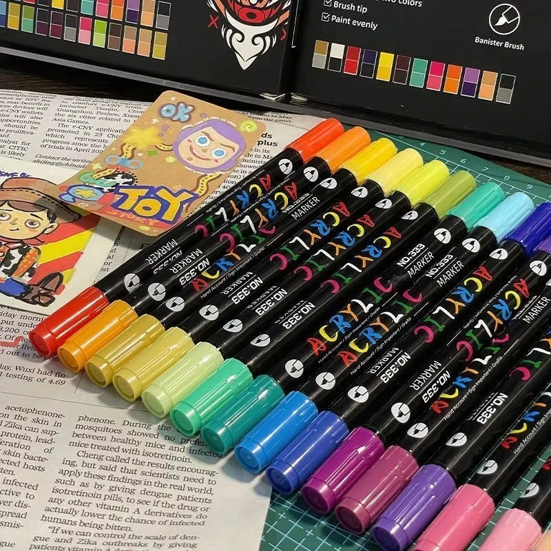 Professional Art Use 48-Color Acrylic Paint Markers, Dual-Tip Fine and Brush Tip Pens, Suitable for Stone, Wood, Calligraphy