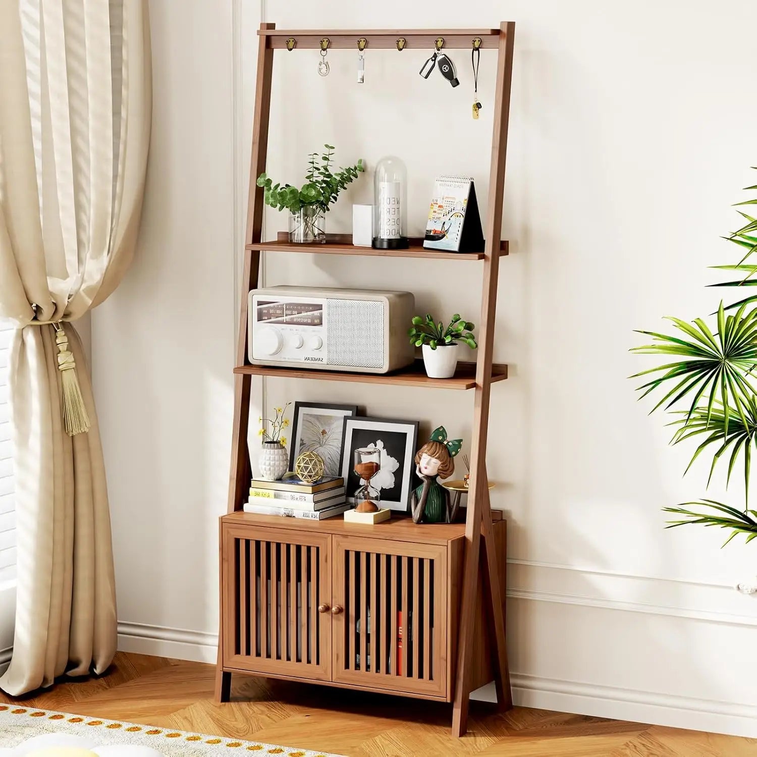 4-Tier Bamboo Bookcase with Drawers & Hooks Narrow Ladder Shelf 24.8x10.6x59.5in Storage Organizer Home Office, Customized