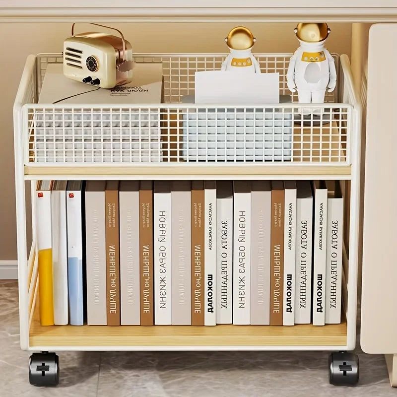 Rolling Bookshelf with Wheels, Metal Mesh Storage Organizer Rack for Home Office,No Assembly Required, Space Saving Utility Cart