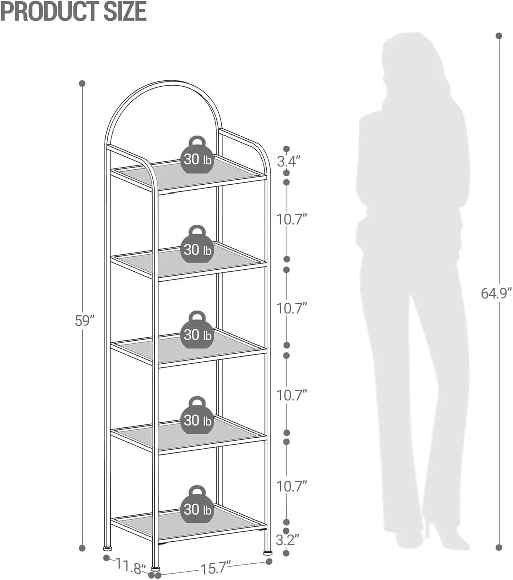 Tempered Glass Bookshelves, Slim Shelving Unit For Bedroom, Bathroom, Home Office, Steel Frame, 5 Tier Gold