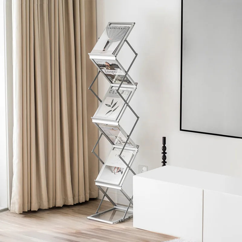 Aluminum Alloy Folding Magazine Rack Acrylic Exhibition Bookshelf Newspaper Storage Cabinet Office Modern Bookcase Easy Assembly