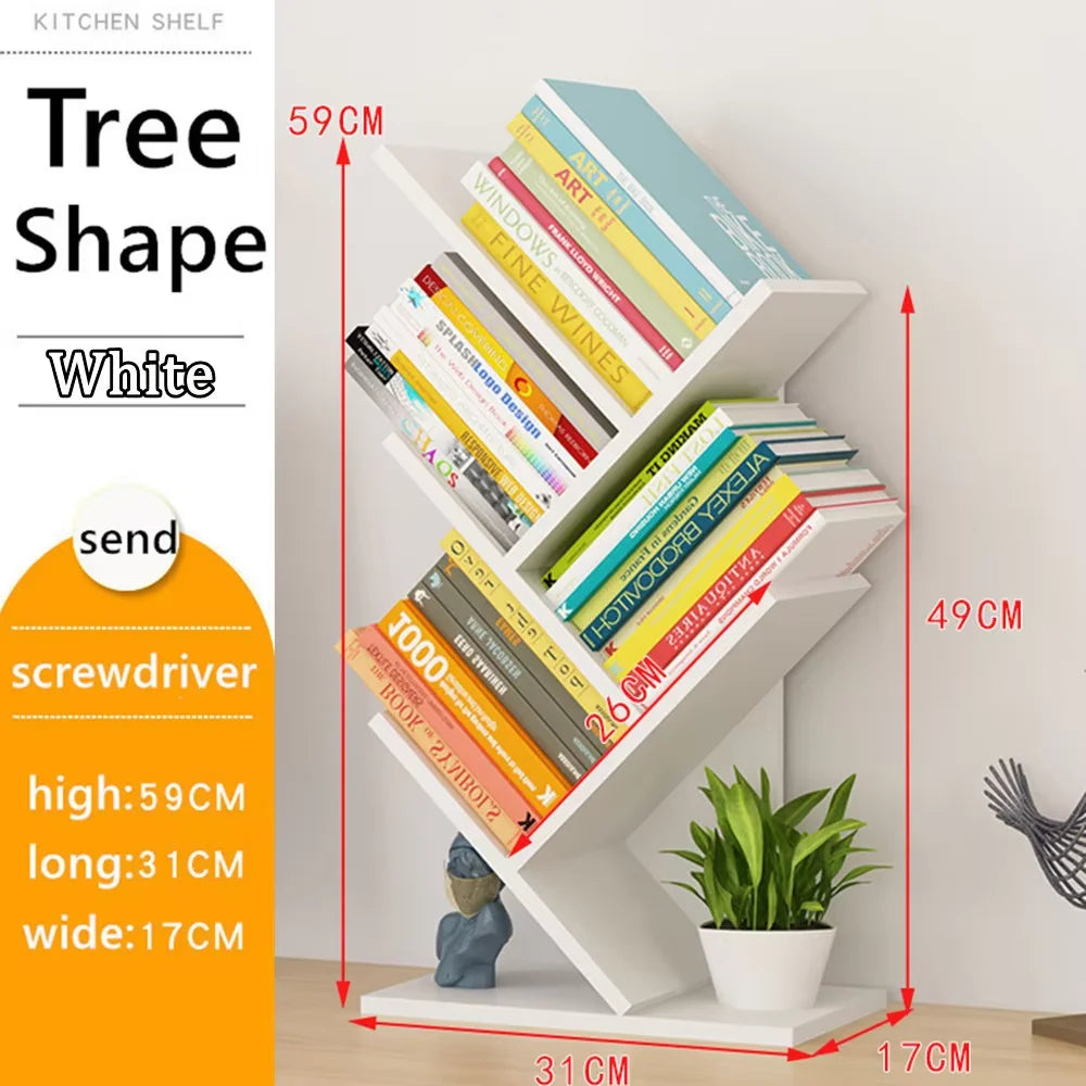 4Tier Tree Bookshelf Wooden Bookcase–Floor Standing Storage Rack for Books Decor Compact Shelf Organizer for Home Office School