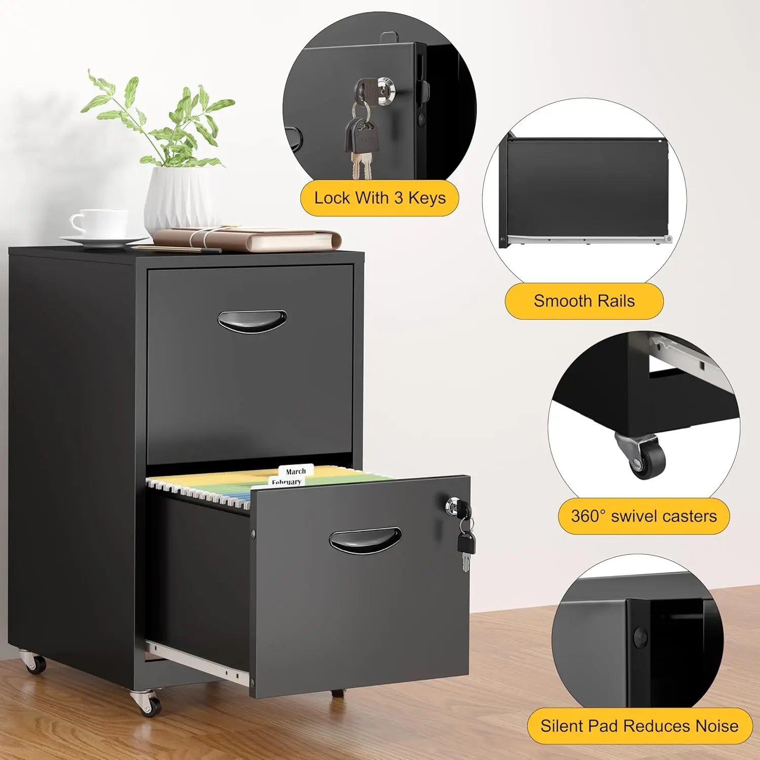 2 Drawer File Cabinet With Lock，Black Rolling File Cabinet For Home Office, Metal Small Mobile Filing Cabinets On, Customize