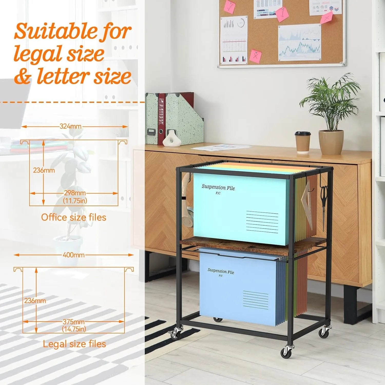 2-Tier Mobile File Cart with Wheels | Letter/Legal Size Pull-Out Rack Organizer for Home & Office | Brown