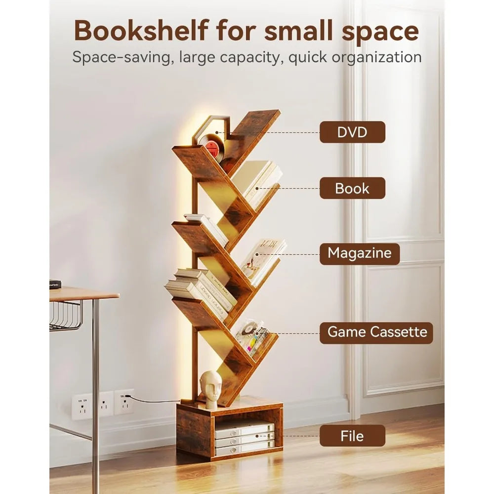 6 Tier Tree Bookshelf Narrow Floor Standing Bookcase with Cabinet Storage Vintage Style