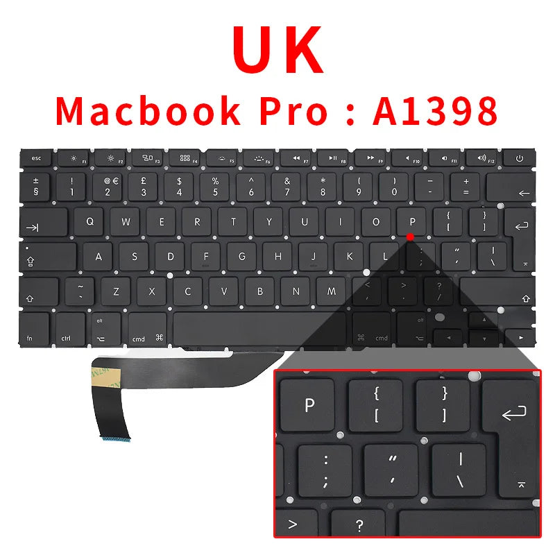 New Laptop Keyboard For Macbook Pro Retina 15" A1398 US UK Russian Spain French 2012 2013 2014 2015