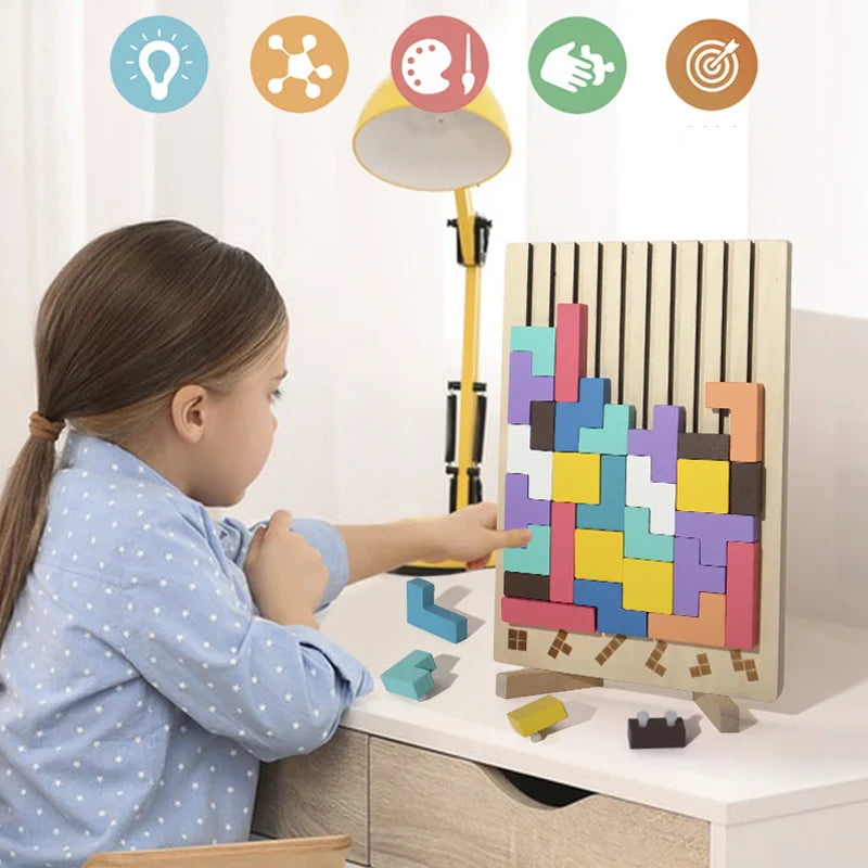 Wooden 3D Russian Blocks Puzzle Brain Teasers Toy Tangram Jigsaw Intelligence Colorful Blocks Montessori Educational