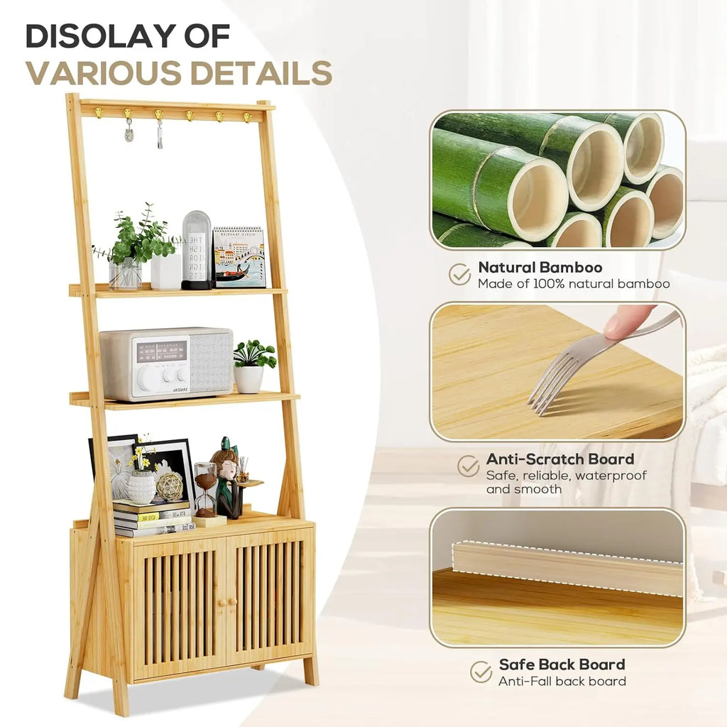 4-Tier Bamboo Bookcase with Drawers & Hooks Narrow Ladder Shelf 24.8x10.6x59.5in Storage Organizer Home Office, Customized