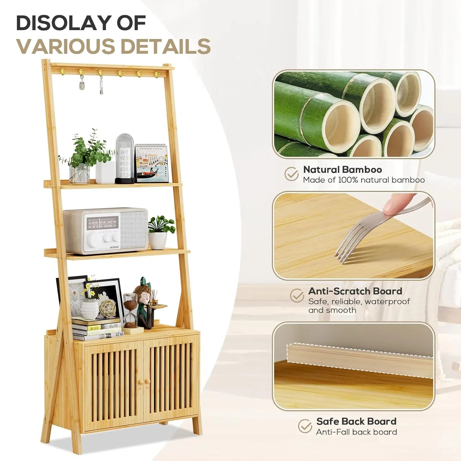 4-Tier Bamboo Bookcase with Drawers & Hooks Narrow Ladder Shelf 24.8x10.6x59.5in Storage Organizer Home Office, Customized