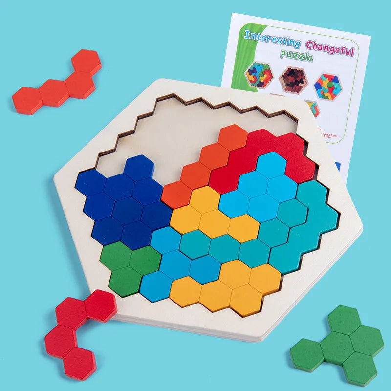 Wooden Hexagon Puzzle For Kid And Adults,Block Tangram Brain Teaser Toy Geometry Logic IQ Game Montessori Educational Gift