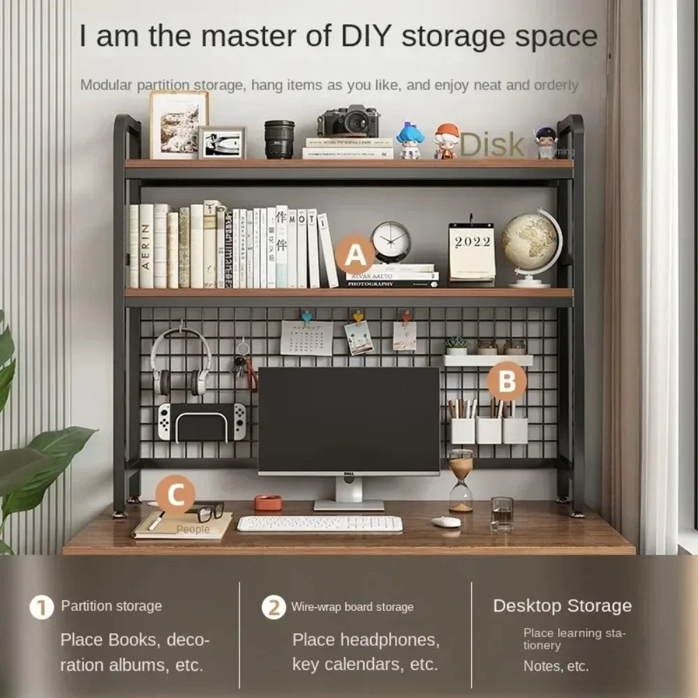 Home Furniture Desktop Multi-Layer Wrought Iron Shelf Bookcase With Grid Bookshelf Table Hole Board Table Wooden Shelves Student
