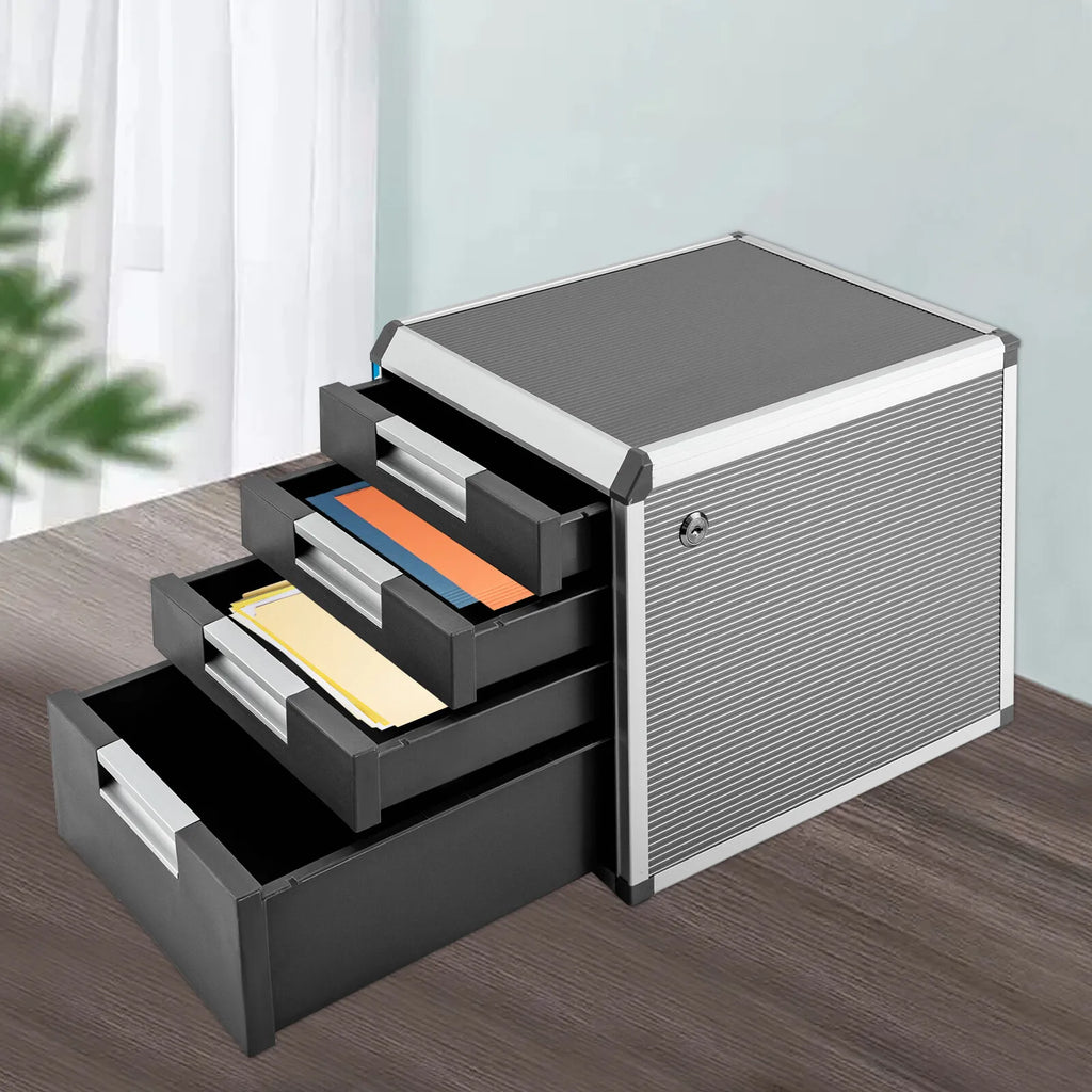 4-Layer Desktop Drawer Organizer Books File Locking Storage Cabinet Aluminum Alloy & MDF Stylish Office Storage Solution
