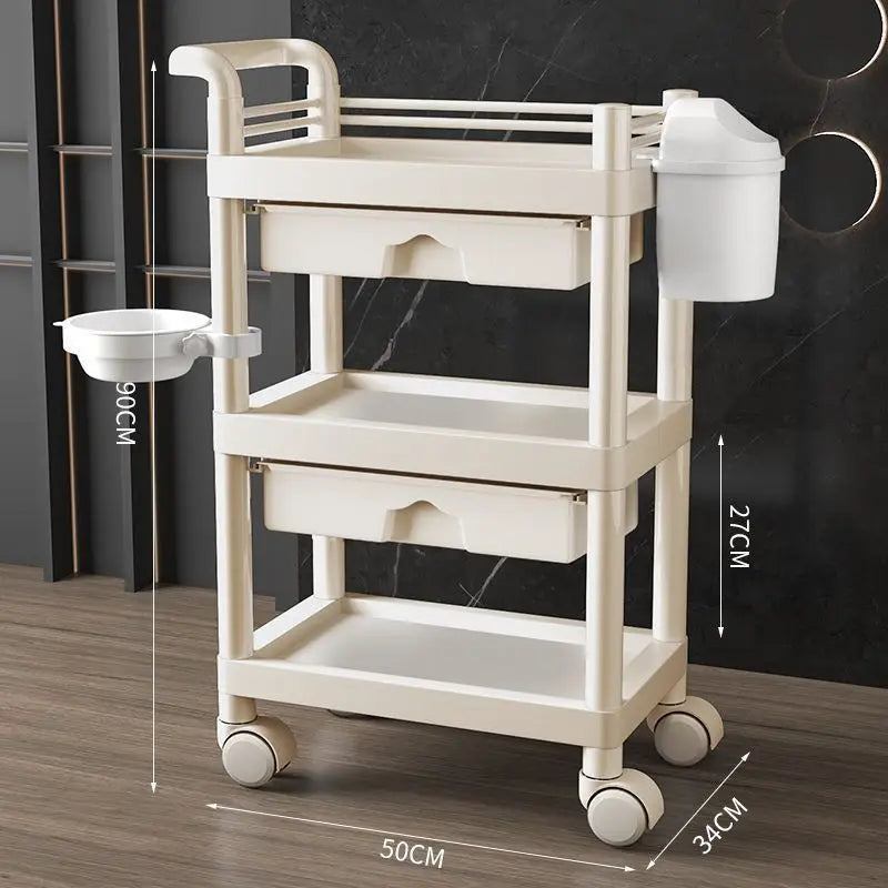 3-Tier Medical Utility Cart With Drawer and Shelves 360°Multi-Functional Mobile Storage Organizer For Clinic Hospital Lab Office