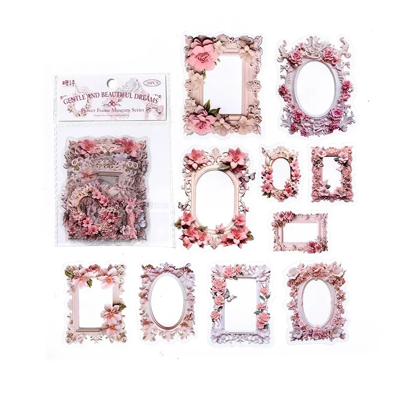 20pcs PET Scrapbooking PET Materials Art  Journal Stickers for Decor Sticker Junk Stationery150*100MM Flowers Frame Collage