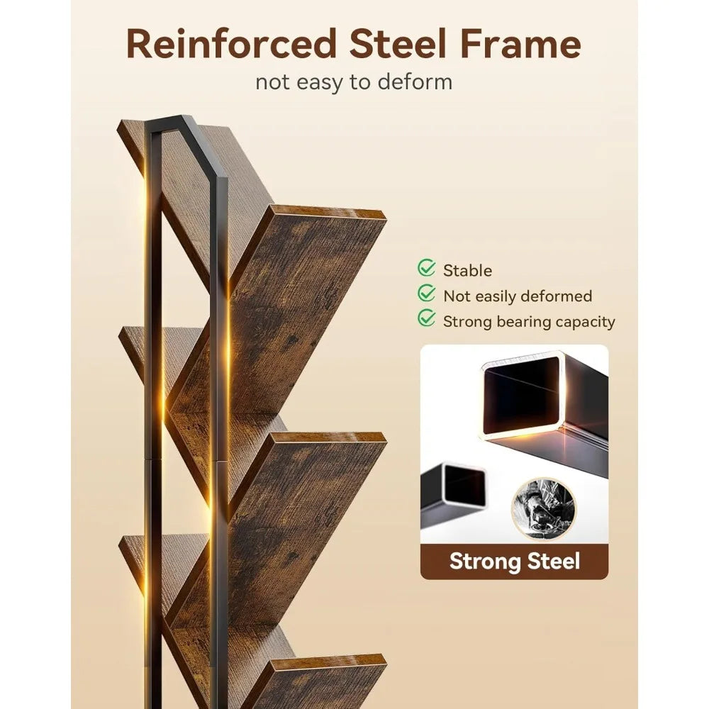 6 Tier Tree Bookshelf Narrow Floor Standing Bookcase with Cabinet Storage Vintage Style