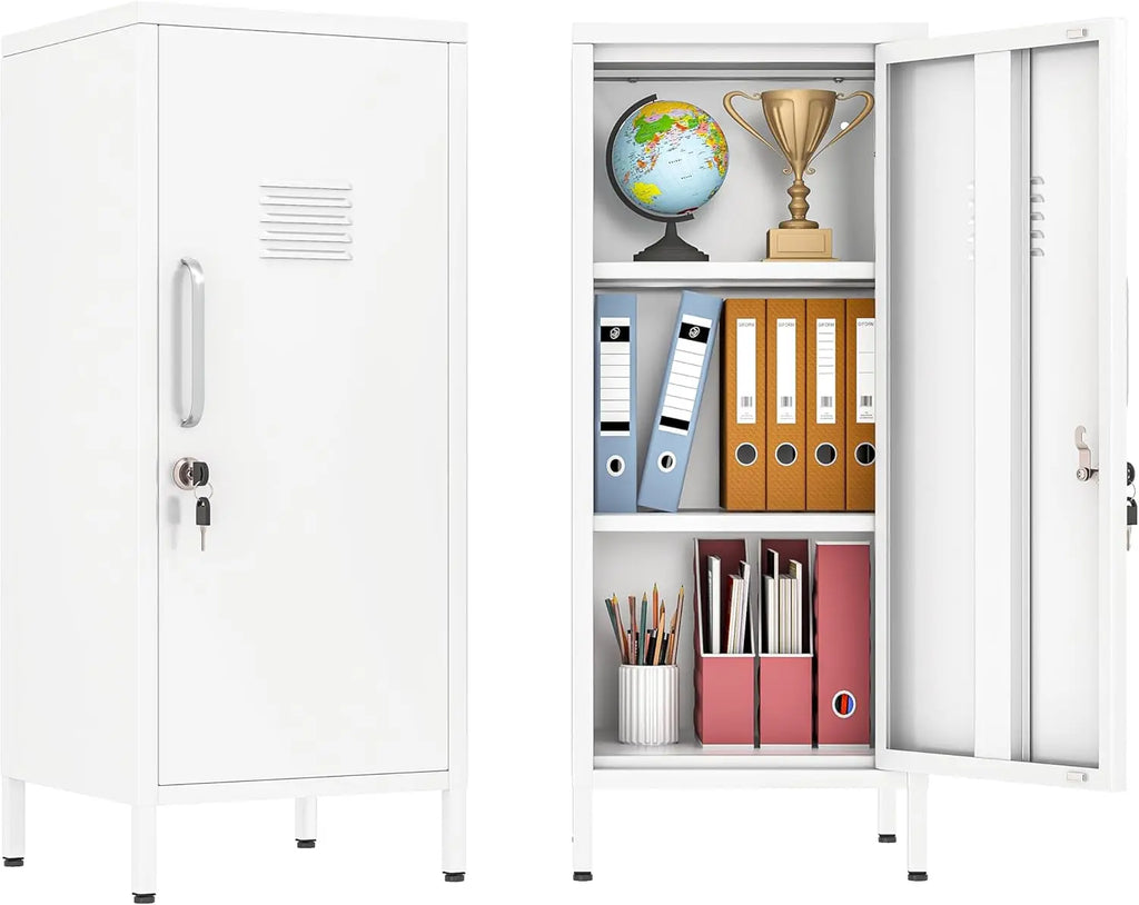 35" White Metal Locker, Lockable Employee Storage Cabinet with Adjustable Shelves for Home School Office Gym