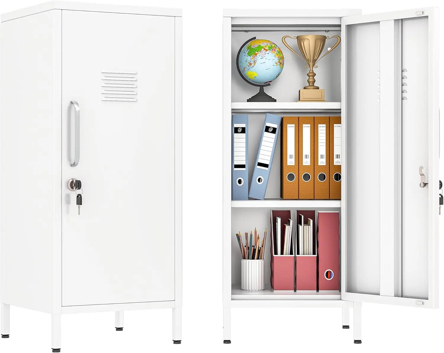 35" White Metal Locker, Lockable Employee Storage Cabinet with Adjustable Shelves for Home School Office Gym