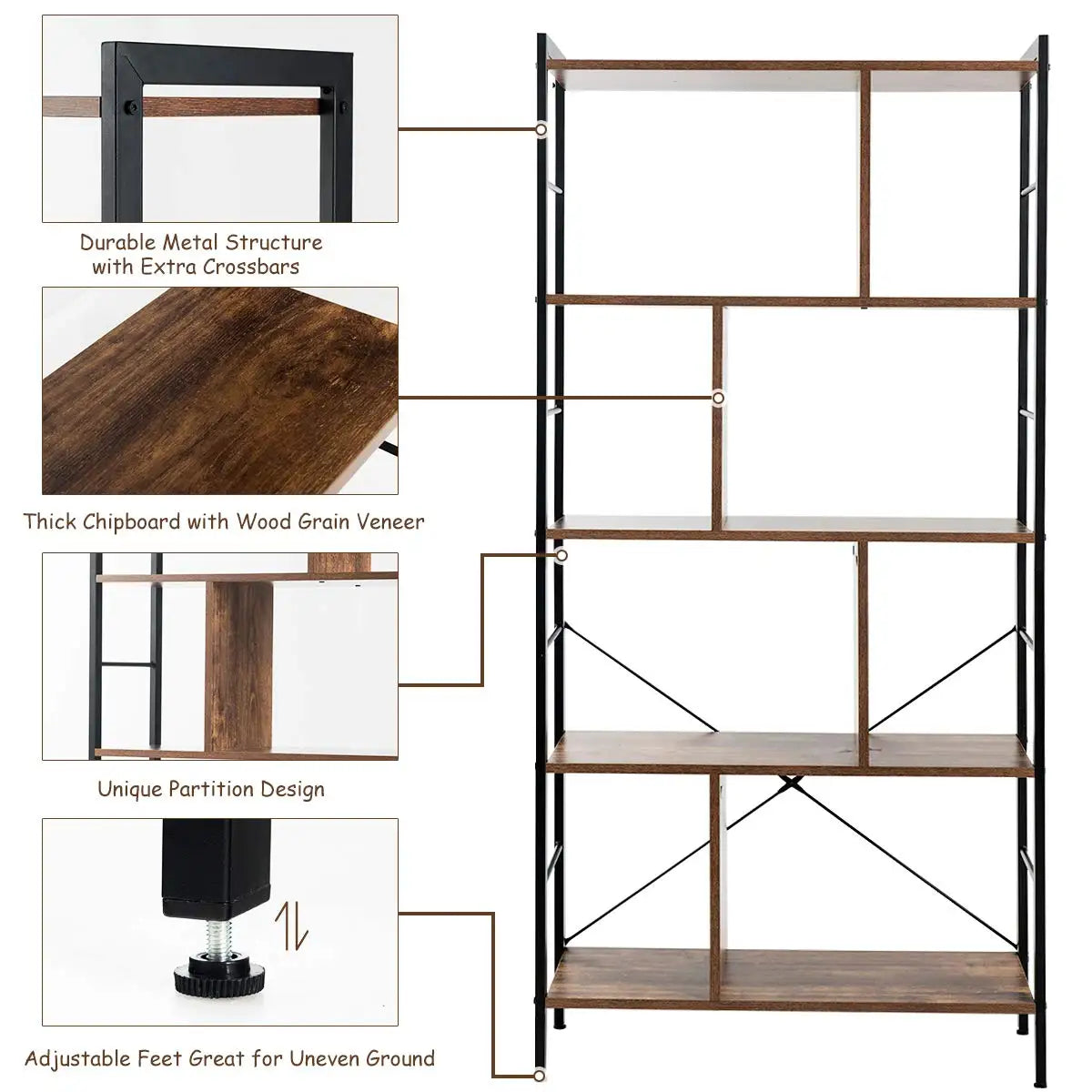 5 Tier Industrial Bookshelf Metal Frame Display Shelves Home Office Storage Rack Wood Unit, Customized