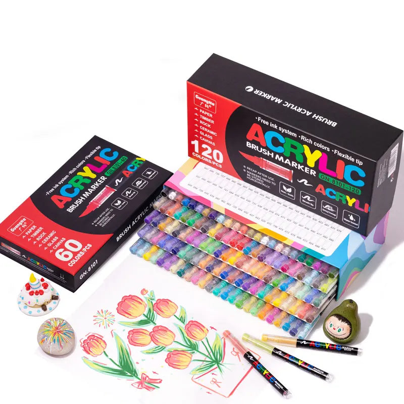 12-120 Colors Waterproof Acrylic Marker Pens with Soft Brush Nib,  Students' Art on Glass, Stone, Metal, Wood, Plastic &Paper