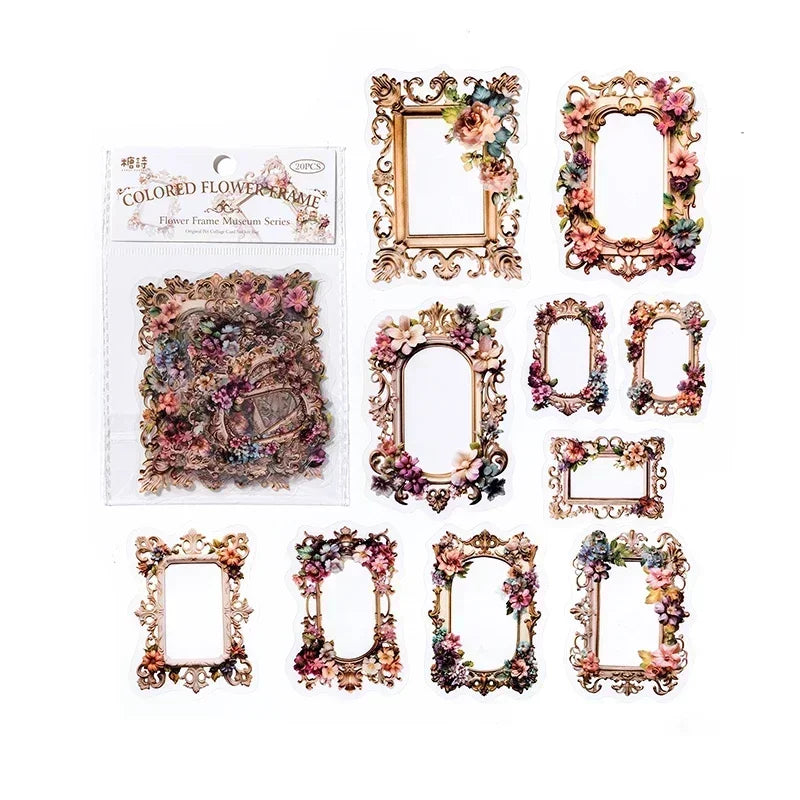 20pcs PET Scrapbooking PET Materials Art  Journal Stickers for Decor Sticker Junk Stationery150*100MM Flowers Frame Collage