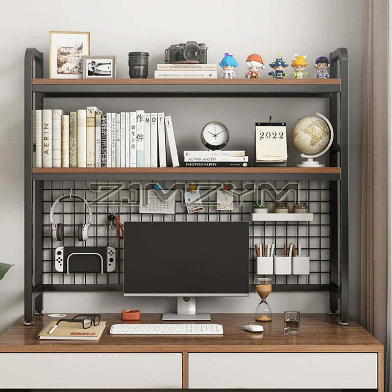 Bookcase With Grid Bookshelf Desktop Multi-layer Wrought Iron Shelf Student Computer Desk Hole Board Table Shelves