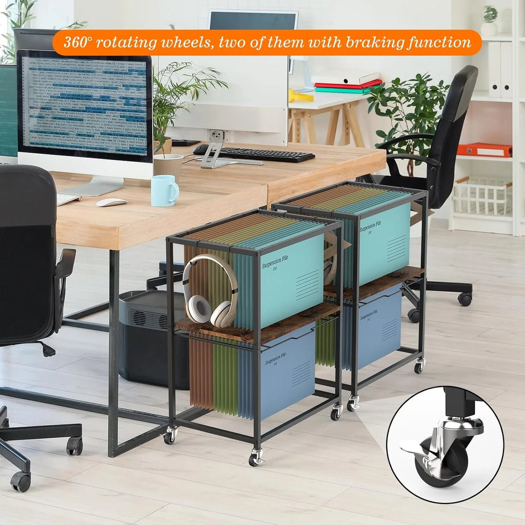2-Tier Mobile File Cart with Wheels | Letter/Legal Size Pull-Out Rack Organizer for Home & Office | Brown