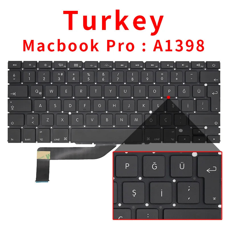 New Laptop Keyboard For Macbook Pro Retina 15" A1398 US UK Russian Spain French 2012 2013 2014 2015