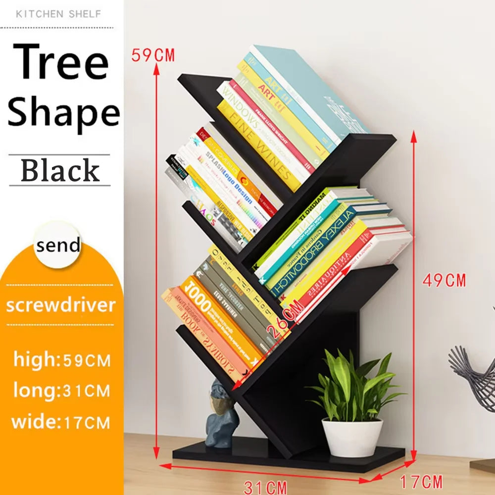 4Tier Tree Bookshelf Wooden Bookcase–Floor Standing Storage Rack for Books Decor Compact Shelf Organizer for Home Office School