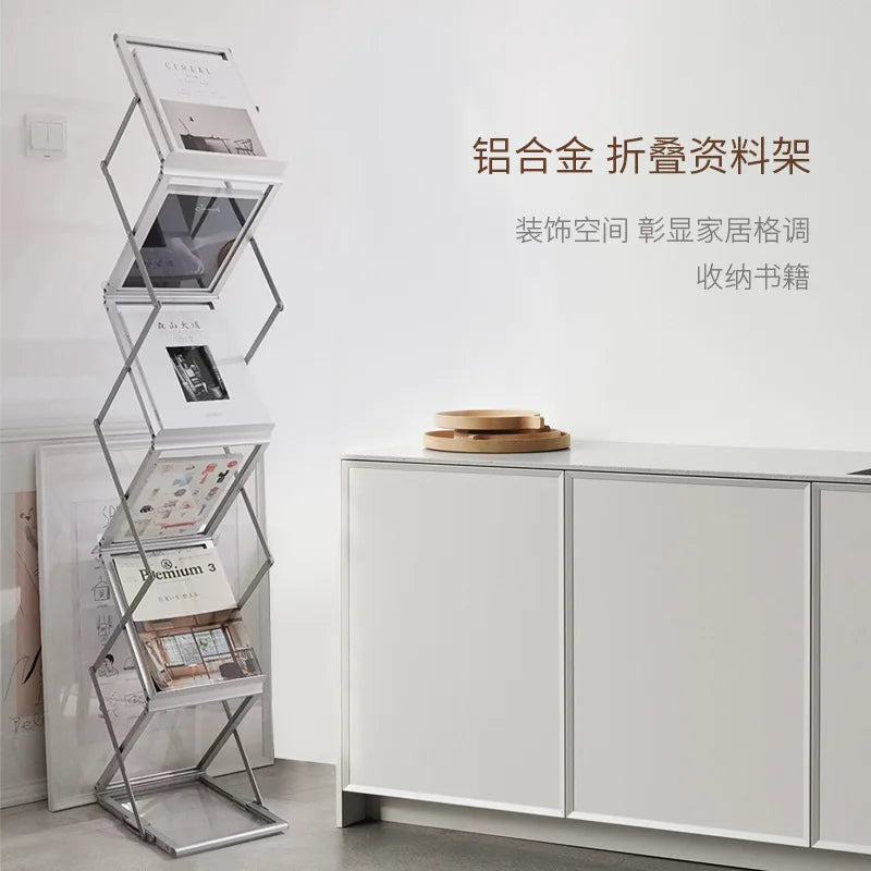 Aluminum Alloy Folding Magazine Rack Acrylic Exhibition Bookshelf Newspaper Storage Cabinet Office Modern Bookcase Easy Assembly