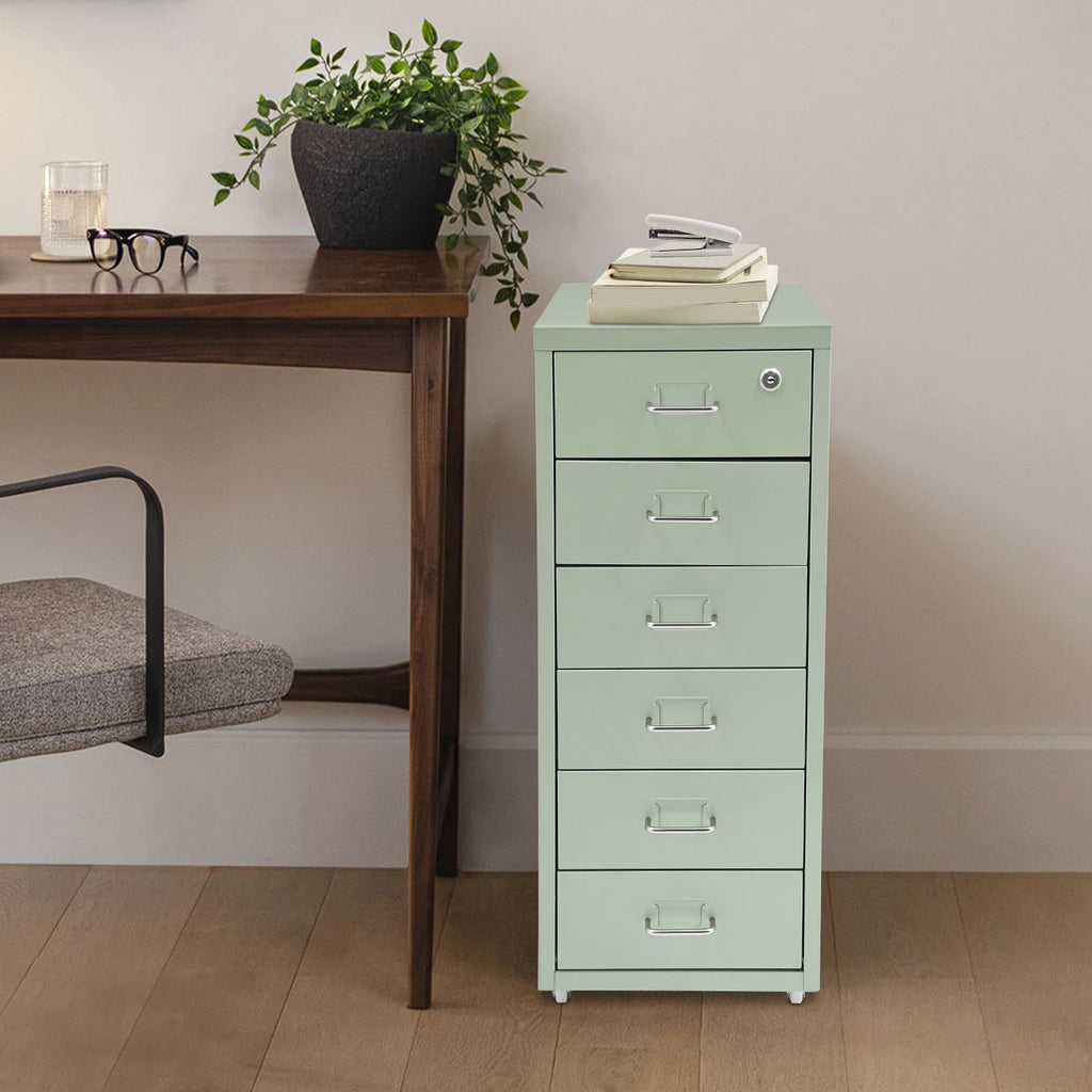 Metal File Cabinet, 6-Tier File Organizer with Lock&Wheels, Light Green, Office Storage Cabinet for Documents, Crafts