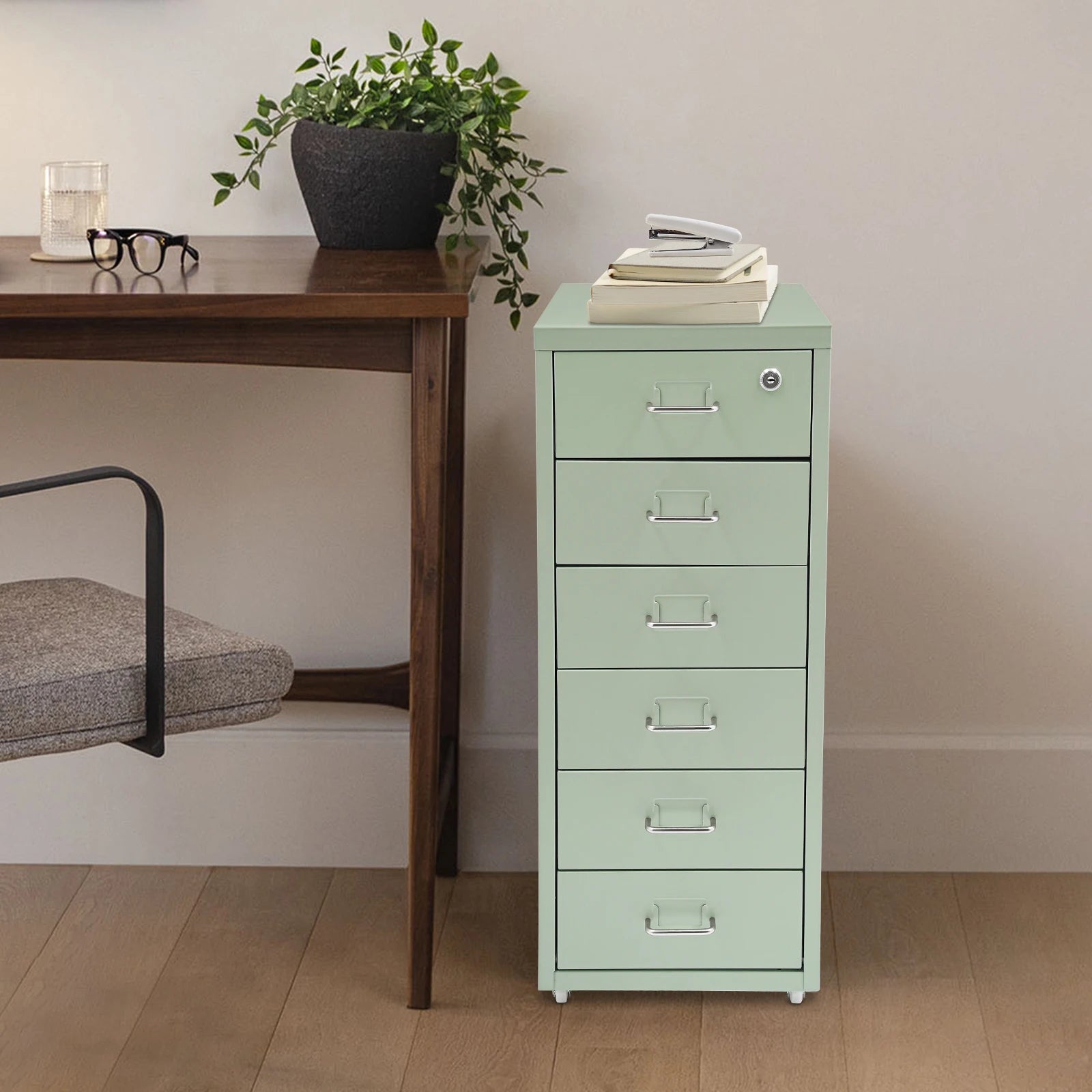 Metal File Cabinet, 6-Tier File Organizer with Lock&Wheels, Light Green, Office Storage Cabinet for Documents, Crafts