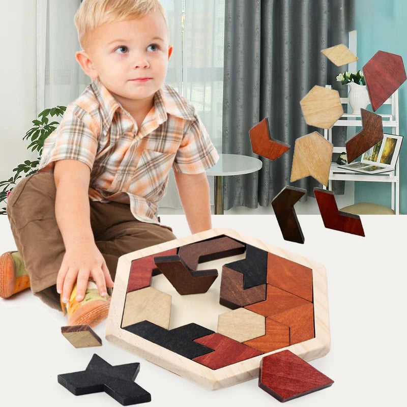 Wooden Hexagon Puzzle For Kid And Adults,Block Tangram Brain Teaser Toy Geometry Logic IQ Game Montessori Educational Gift
