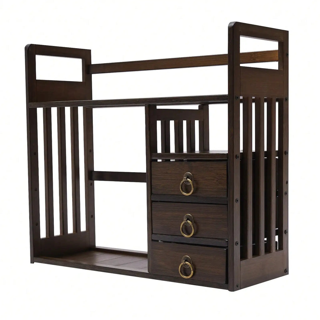 Bamboo Desktop Bookshelf Display Shelf Bookcase Home Office Supplies Desk With 3 Drawers