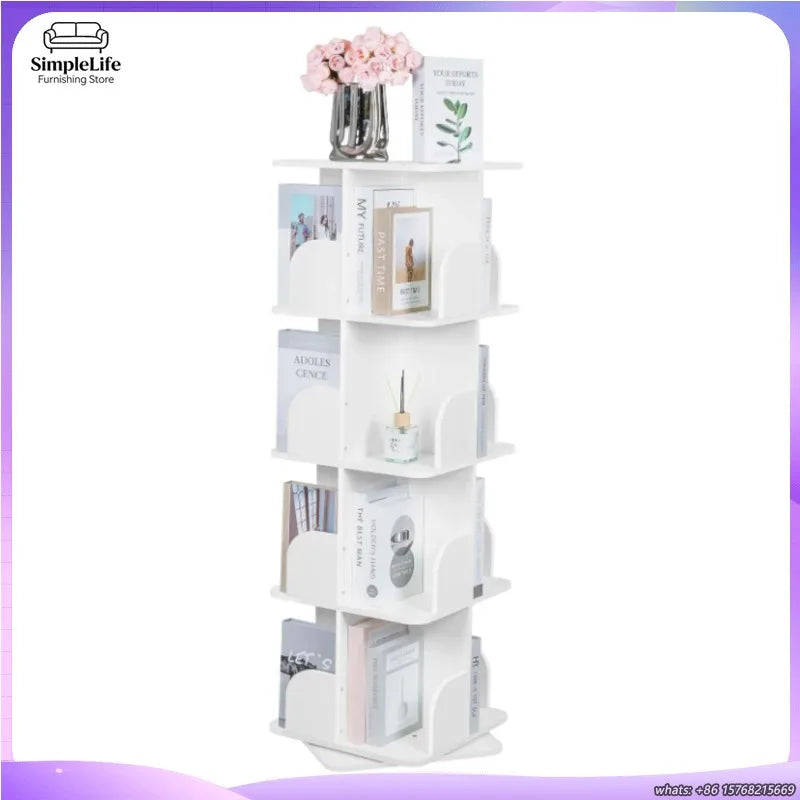 360 Degree Rotating Bookshelf 4 Tier Wooden Bookcase for Kids Office Home Decorative Shelf Storage Organizer