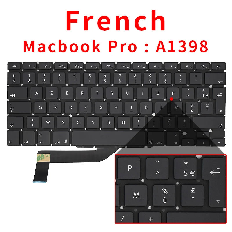 New Laptop Keyboard For Macbook Pro Retina 15" A1398 US UK Russian Spain French 2012 2013 2014 2015