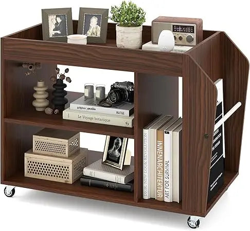 Rolling End Table with Storage, 3-Tier Side Table with Magazine Rack & Open Shelves, 4 Universal Wheels, Farmhouse Mobil