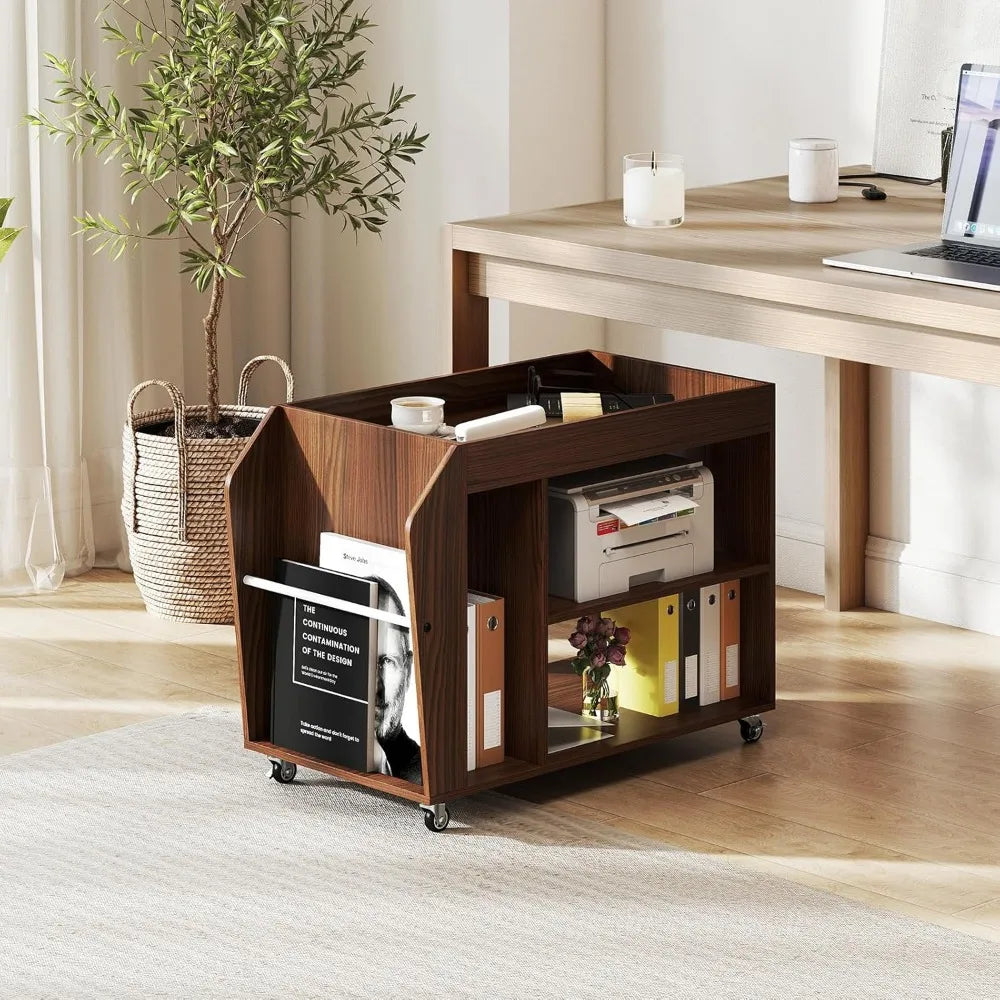 Rolling End Table with Storage, 3-Tier Side Table with Magazine Rack & Open Shelves, 4 Universal Wheels, Farmhouse Mobil