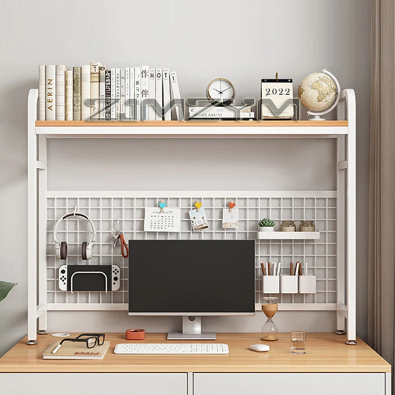 Bookcase With Grid Bookshelf Desktop Multi-layer Wrought Iron Shelf Student Computer Desk Hole Board Table Shelves