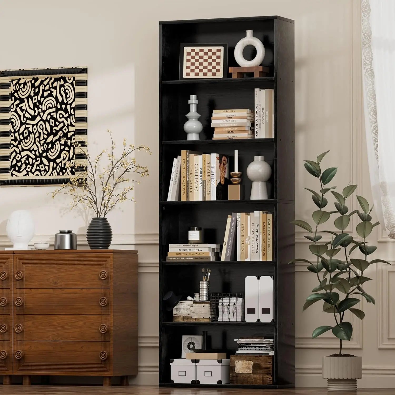 6 Tier Narrow Tall Bookshelf Vertical Slim Storage Unit Display Shelf For Home Office Living Room Bedroom Black, Customized