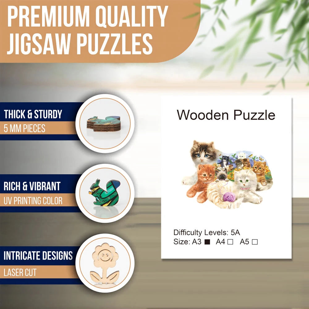 Cat Wooden Jigsaw Puzzles, Advanced Puzzle with Beautiful Gift Package, Unique Shaped Pieces, Best Gifts Family Game Home Decor