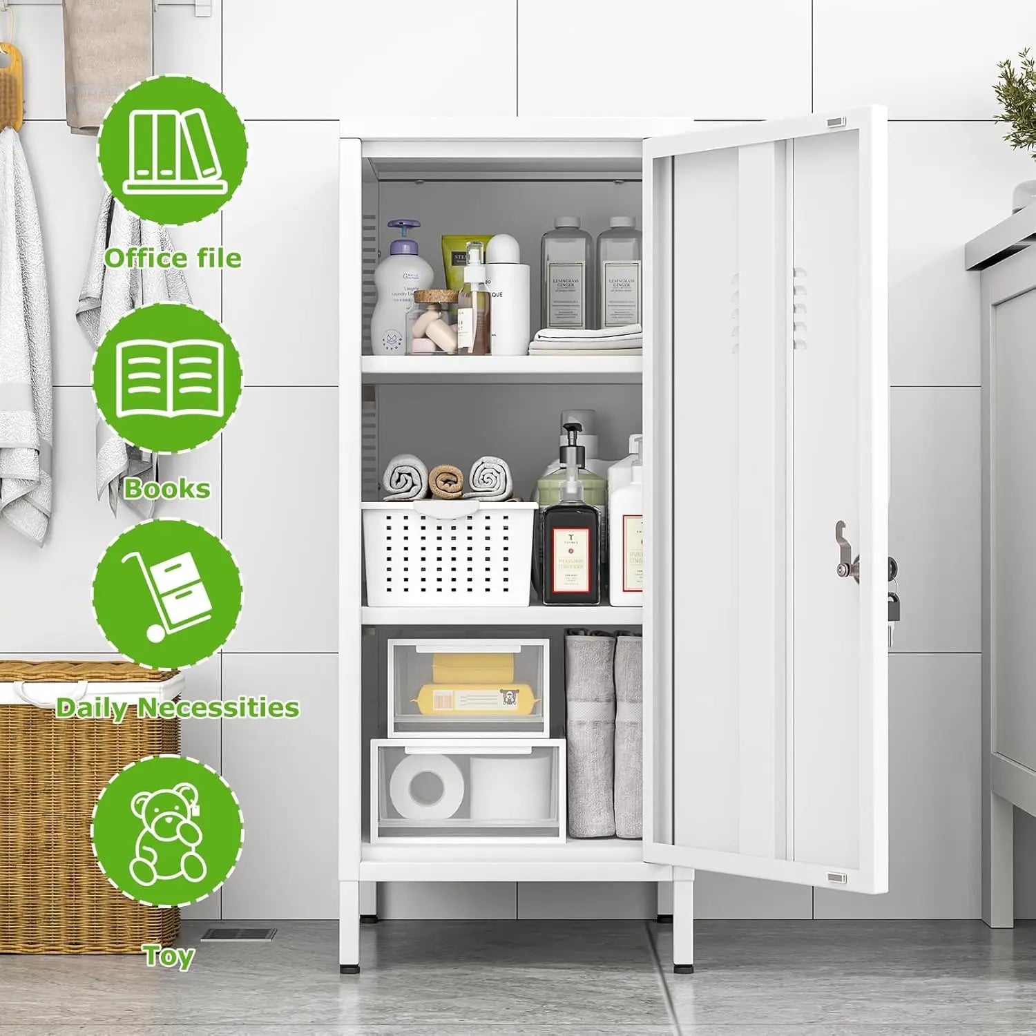 35" White Metal Locker, Lockable Employee Storage Cabinet with Adjustable Shelves for Home School Office Gym