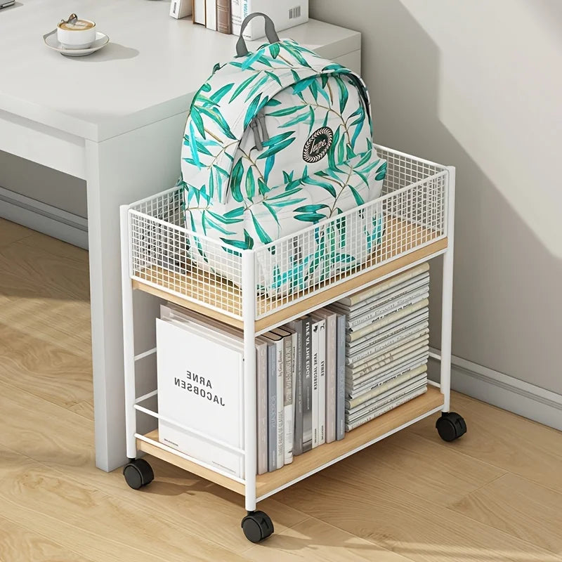 Rolling Bookshelf with Wheels, Metal Mesh Storage Organizer Rack for Home Office,No Assembly Required, Space Saving Utility Cart