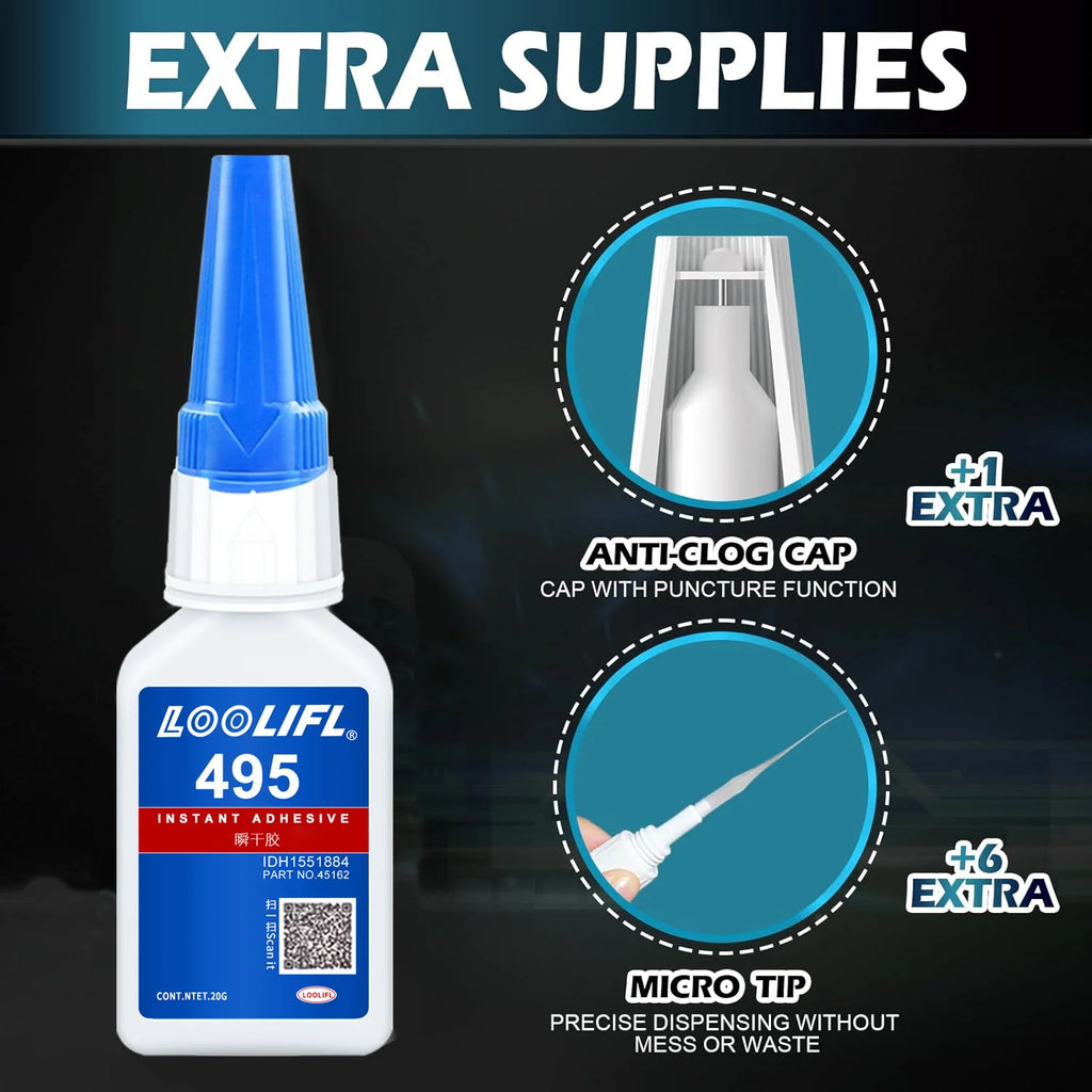 495 super strong glue, transparent and non-yellowing in 5 seconds, waterproof, suitable for metals, ceramics, wood and plastics.
