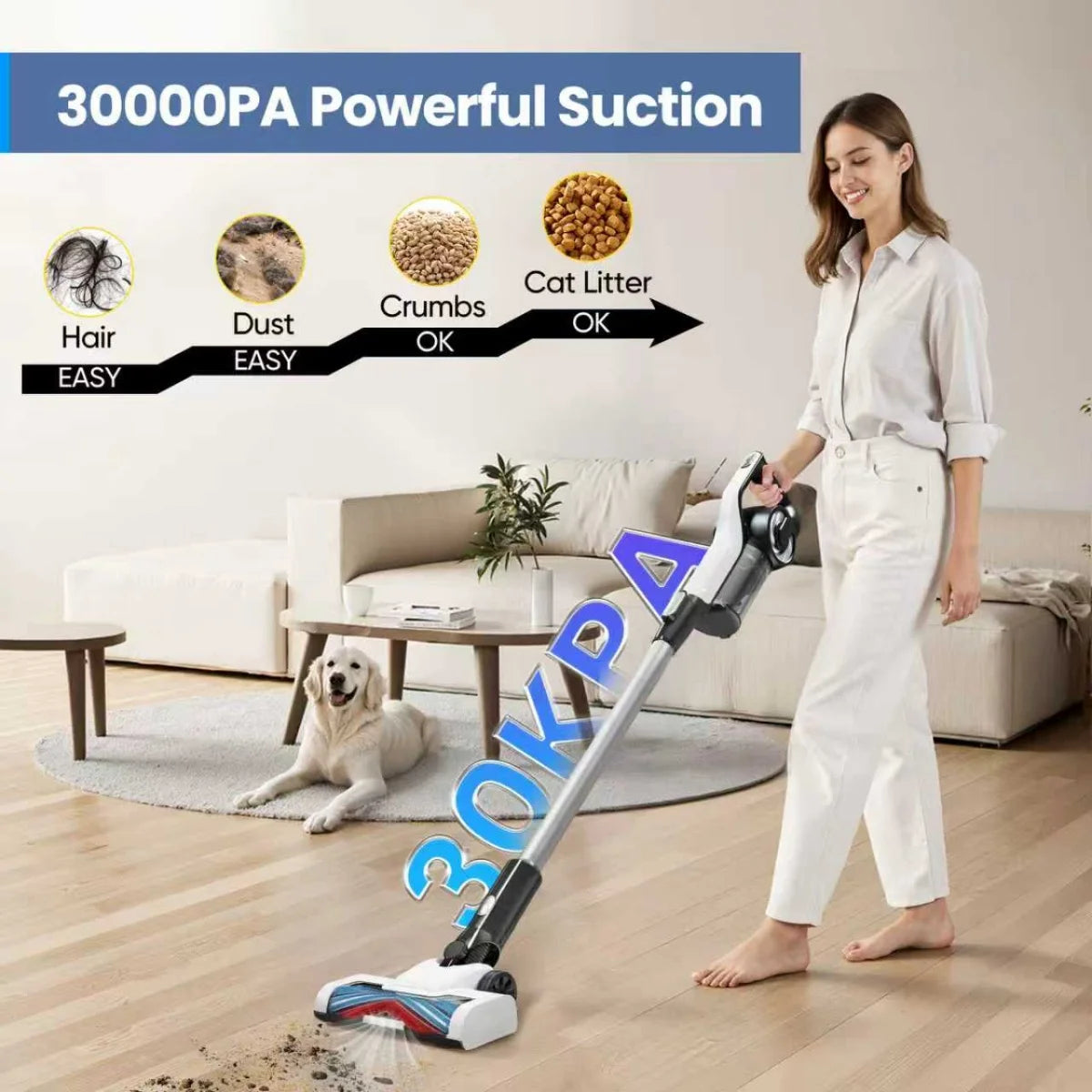 30KPA/40Mins Cordless Vacuum Cleaner, with Upgraded Green Light & Anti-Tangle Floor Brush,for Home,Carpets, Pet Hair,Hard Floor