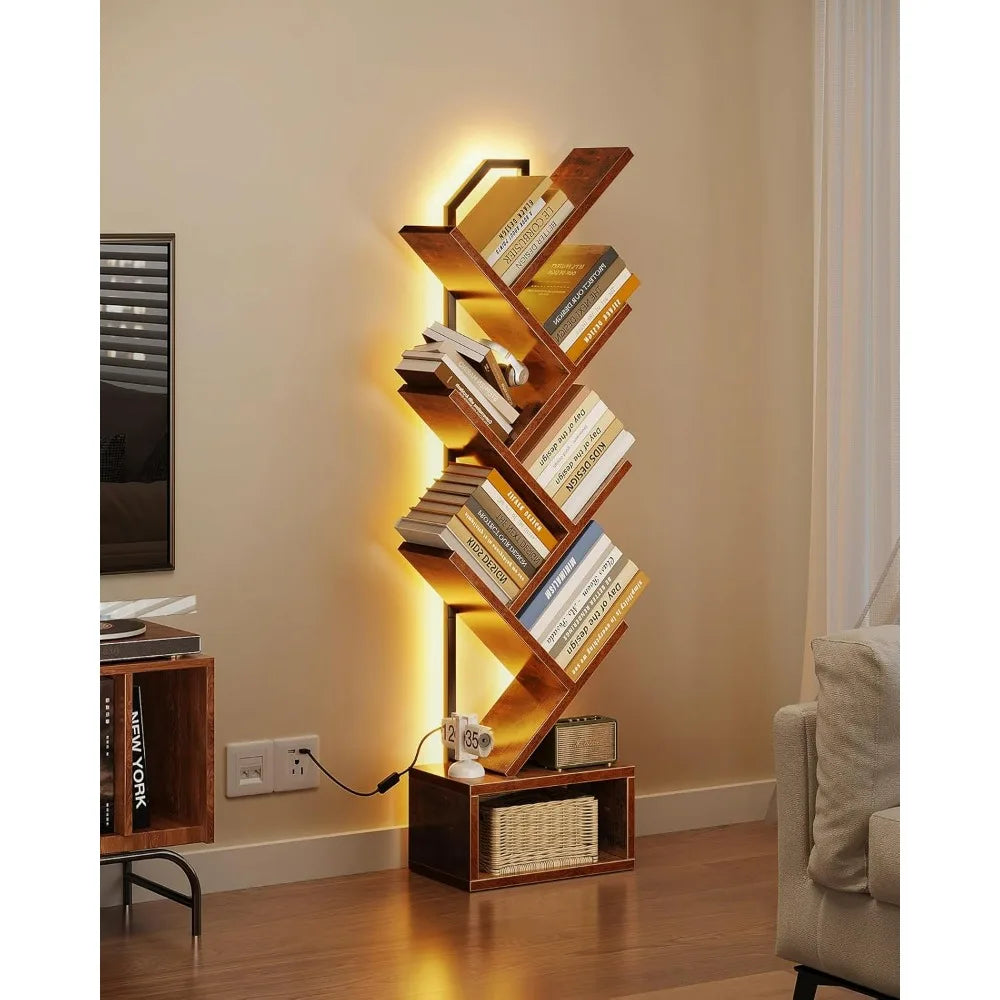 Casaottima 6-Tier Tree Bookshelf, Narrow Steel & Wood Bookcase with Cabinet, Vintage Home Office Organizer