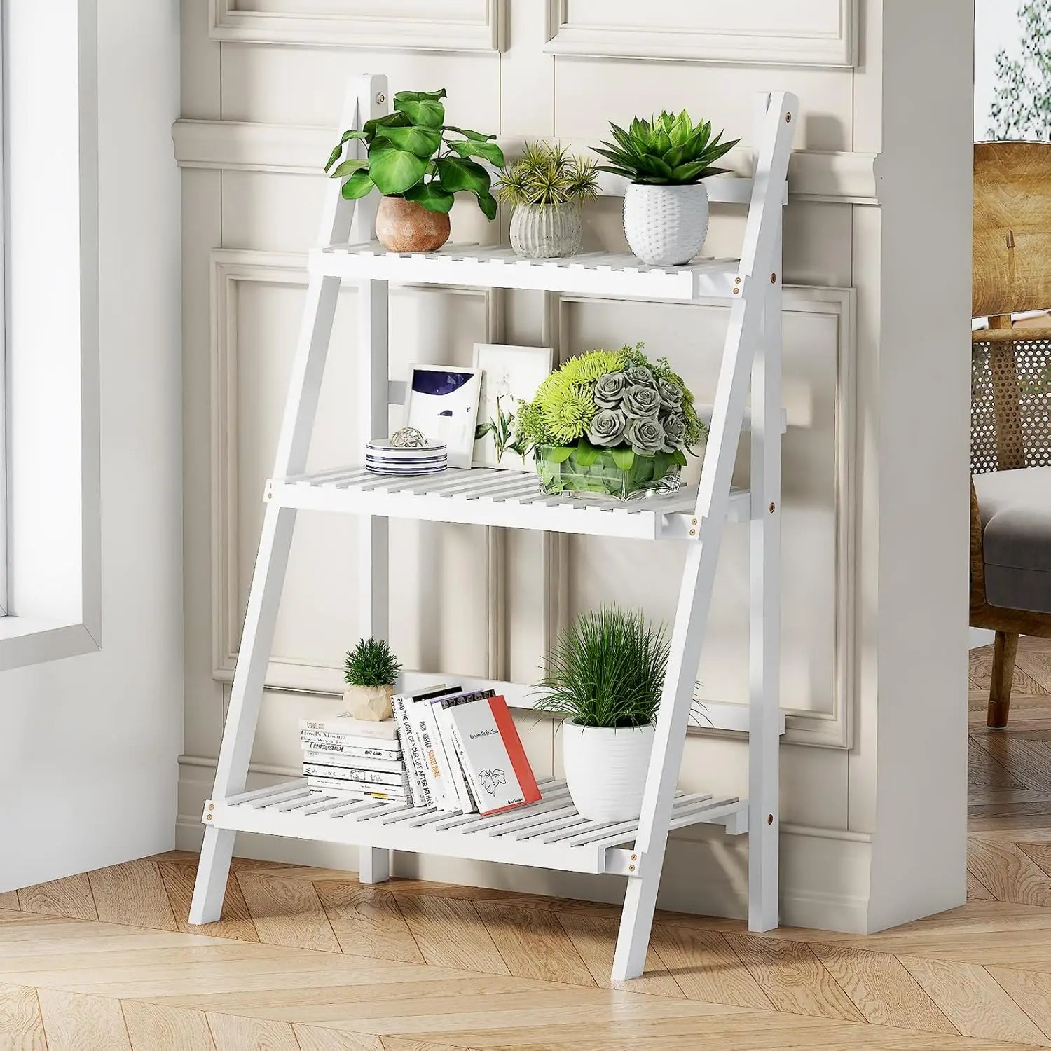 4-Tier Bamboo Bookcase with Drawers & Hooks Narrow Ladder Shelf 24.8x10.6x59.5in Storage Organizer Home Office, Customized