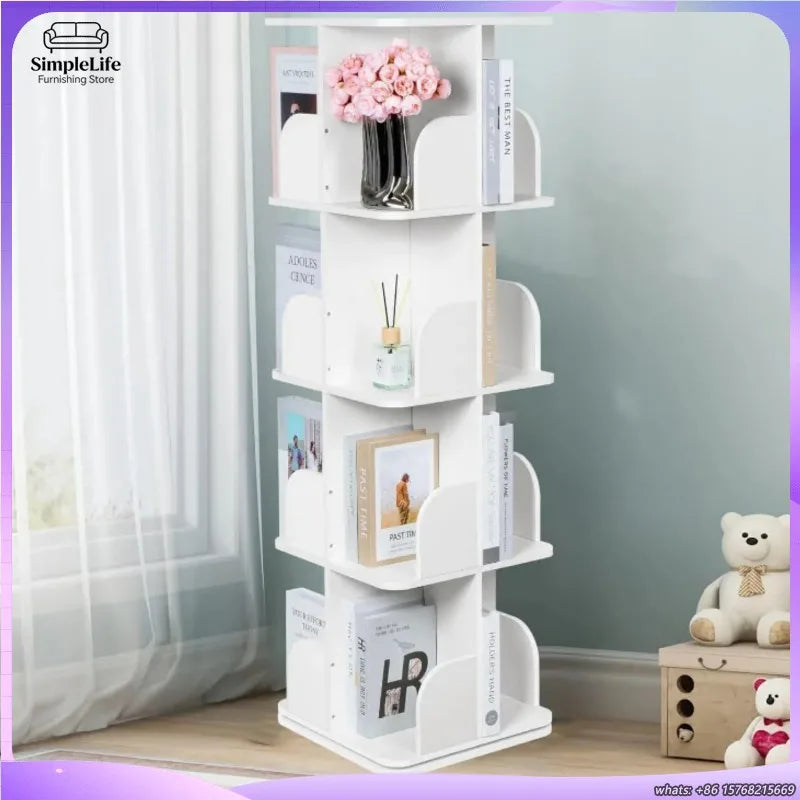 360 Degree Rotating Bookshelf 4 Tier Wooden Bookcase for Kids Office Home Decorative Shelf Storage Organizer
