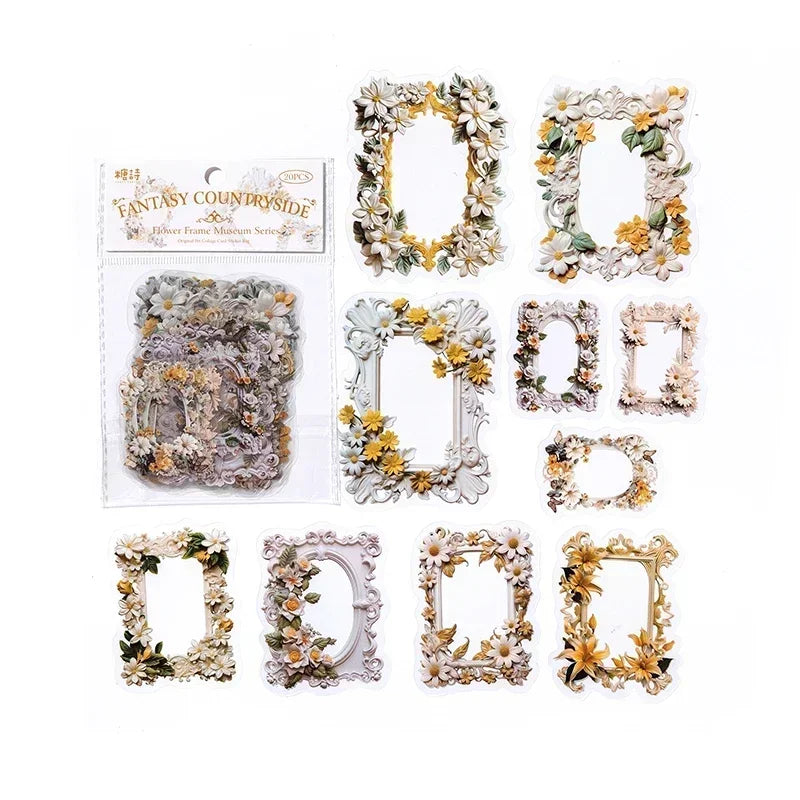 20pcs PET Scrapbooking PET Materials Art  Journal Stickers for Decor Sticker Junk Stationery150*100MM Flowers Frame Collage
